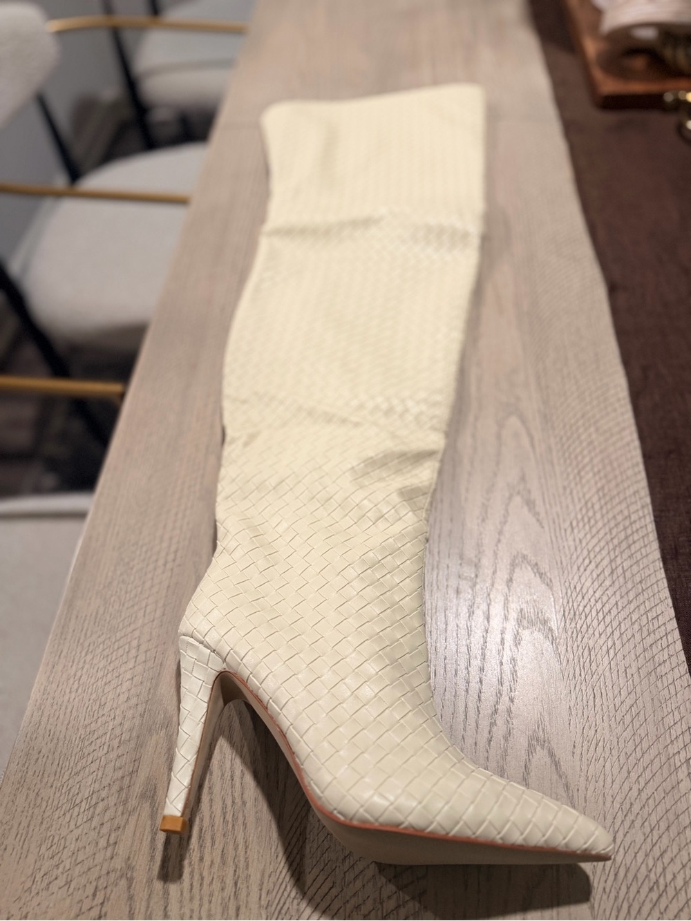 Cream Woven Thigh-High Stiletto Slouch Boots